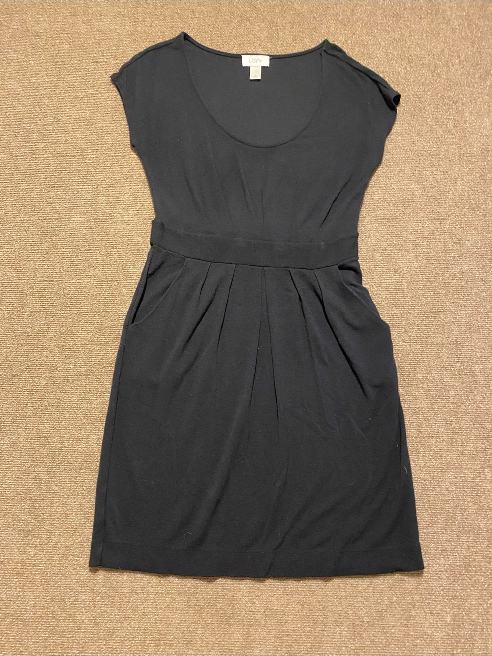 LOFT Black Cap Sleeve Pleated Waist Mini Dress